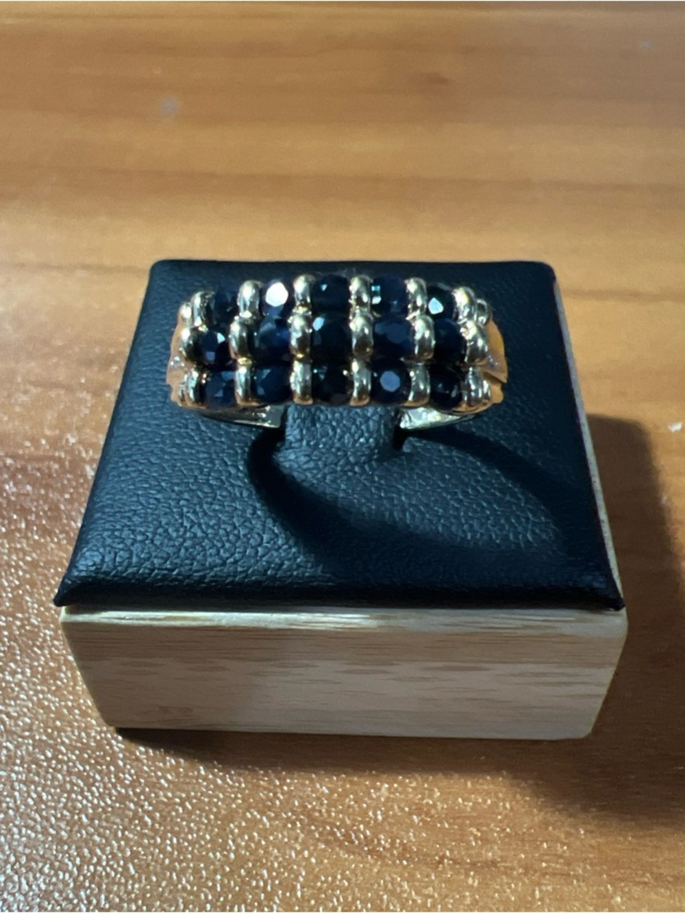 Estate LADIES 10K YELLOW GOLD 3 Rows Of Sapphires Cocktail Ring Size 7